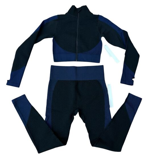New Mix Zip Up Cropped Active Top & High Waist Leggings Set Black & Blue Size S - Picture 4 of 6